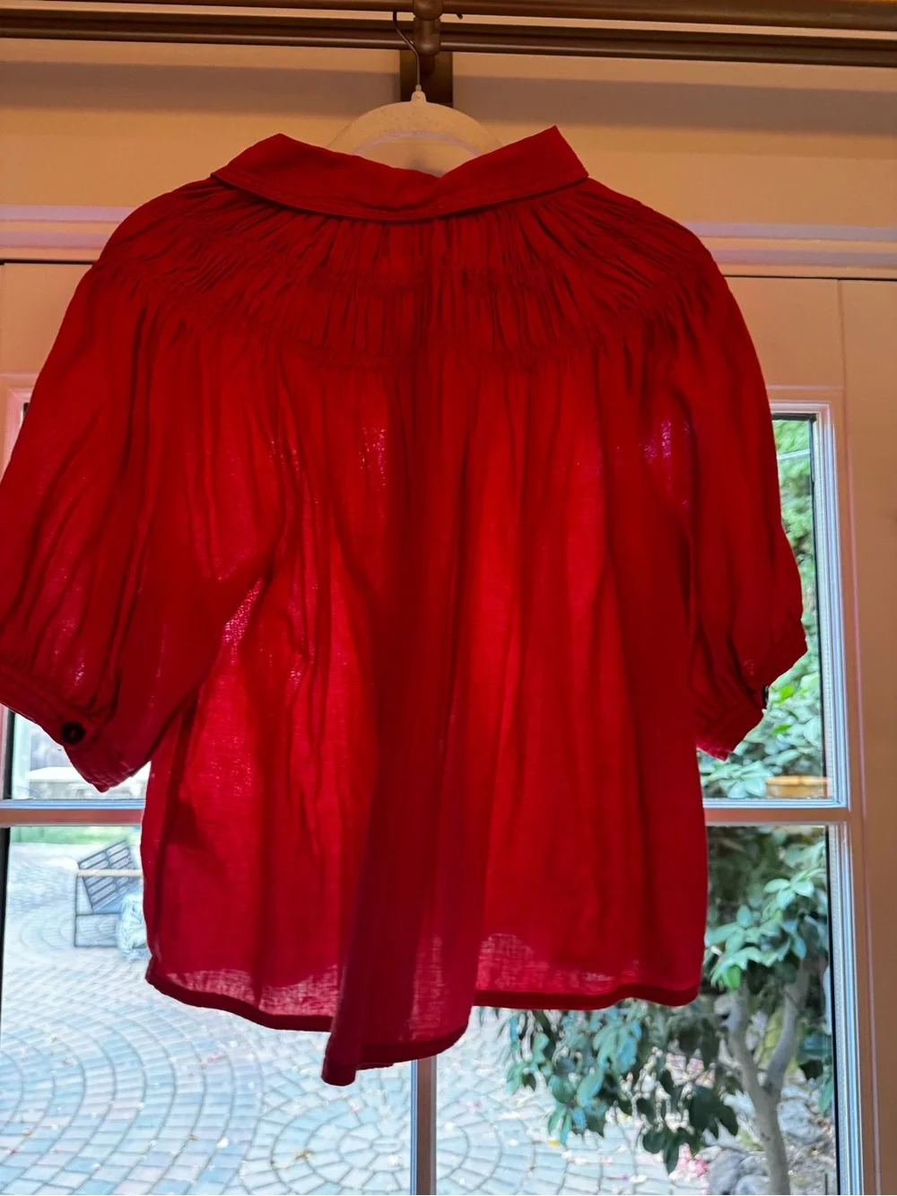 Free People Red Smocked Yoke Short-Sleeve Blouse